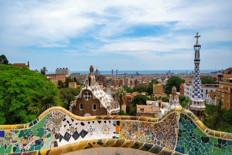 Panoramic view of Barcelona, multiple building's roofs, view from the Parc Guell, Spain