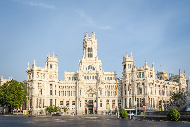 Palace of communications and Cibeles fountain square in Madrid, Spain